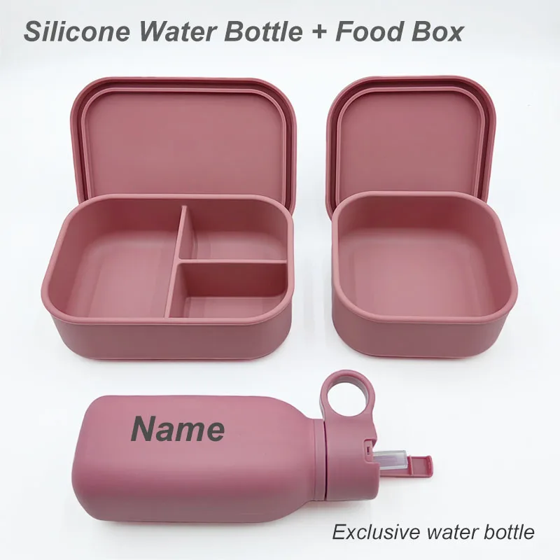Personalized Name Silicone Water Bottle 3 Compartment Leakproof Bento Lunch Box For Kids Portable Camping Picnic Food Container 4