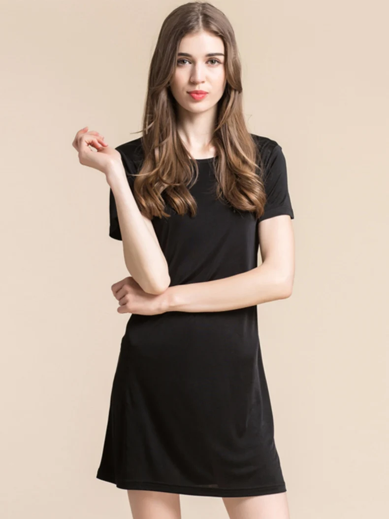 Women Full Slips Knitted natural silk short sleeve slip Solid Anti emptied dress Comfortable women full slip dress