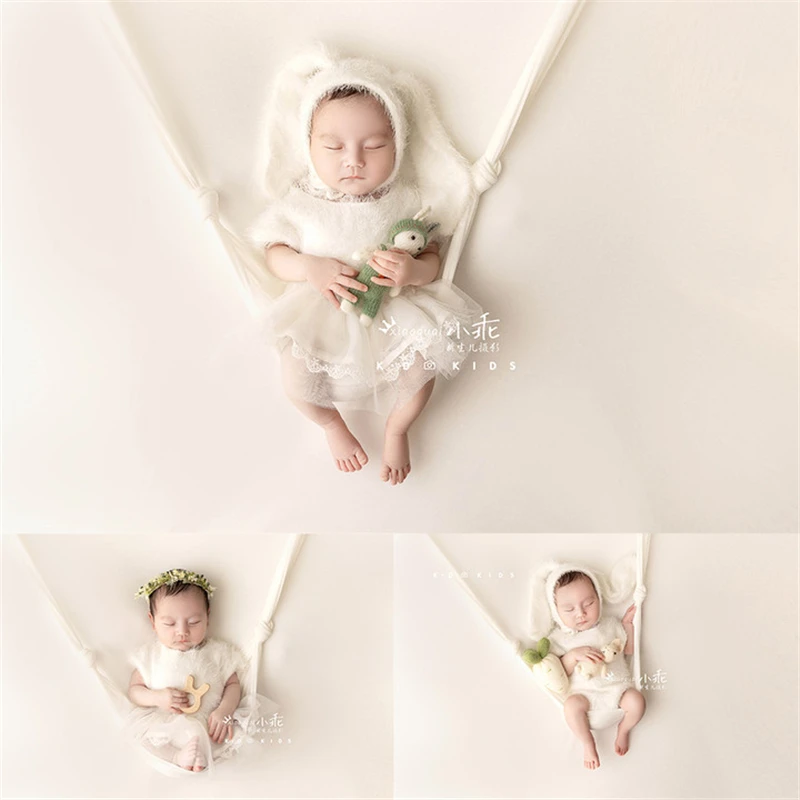 

Newborn Baby Photography Props Knitted White Dress with Hat Wrap Bunny Dolls Blanket Backdrop Set Studio Shooting Photo Props