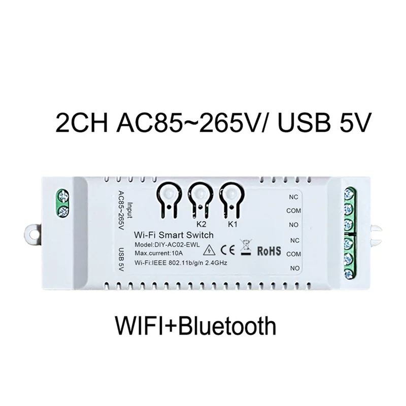 2CH 와이파이 스마트 스위치 DIY 타이머 EWeLink 앱, 알렉사 구글 홈 IFTT용 홈 자동화 모듈, 85-265V USB, 5V, 2.4G