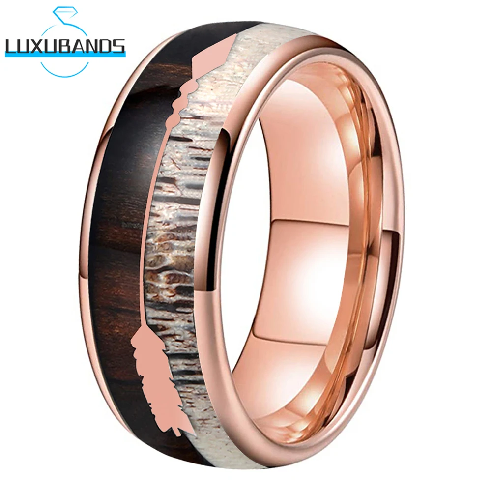 

Tungsten Carbide Ring For Women Men Rose Gold Arrows Zebra Wood Deer Antler Inlay Polished Finish In Stcok Fashion Comfort Fit