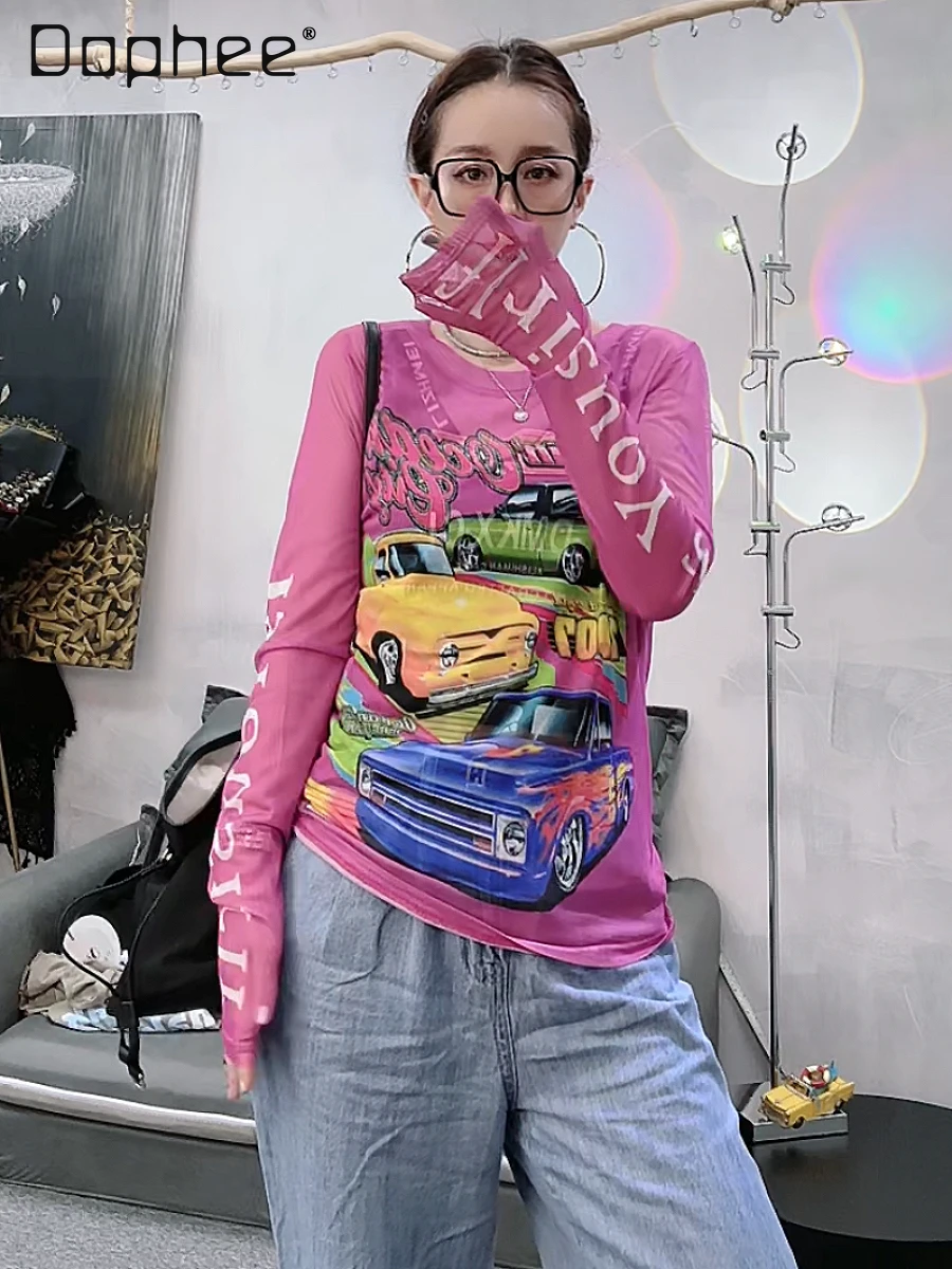 

Уличная Модная брендовая нижняя рубашка, популярный топ для девушек, эластичный сетчатый топ с круглым вырезом и надписью, женская футболка с длинным рукавом, лето 2024