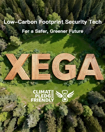 Text reads 'XEGA', 'Low-Carbon Footprint Security Tech', 'For a Safer, Greener Future', 'CLIMATE FRIENDLY'. Aerial view of forest with text overlays emphasizing environmental commitment.