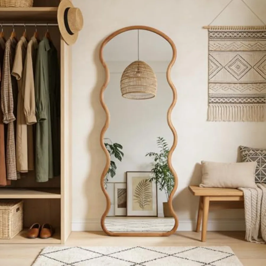 24x65 Full Length Wood Arched Mirror Natural Wood Boho Accent Mirror with Wavy Design Decorative Floor or Wall Mounted for Bedr
