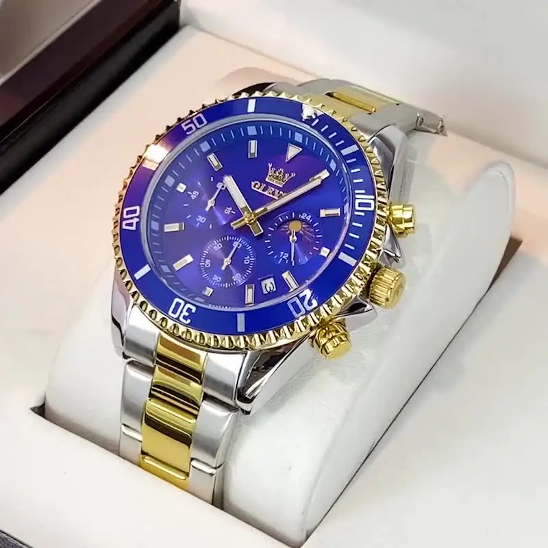 OLEVS Orologio Uomo Cronografo Quarzo – Acciaio Bicolore, Quadrante Con Diamanti E Fasi Lunari, Impermeabile