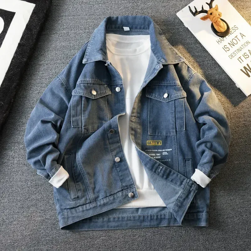 thumbnail image 1 of Abrigo vaquero para hombre, chaqueta vaquera para motocicleta, chaqueta vaquera para hombre, chaqueta de motociclista de manga ancha, abrigo de invierno de gran tamaño, precio económico, estilo corean, 1 of 5