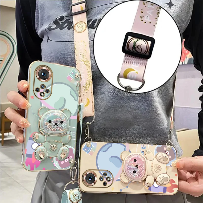 Space Bear Crossbody Lanyard Holder Case with Stand