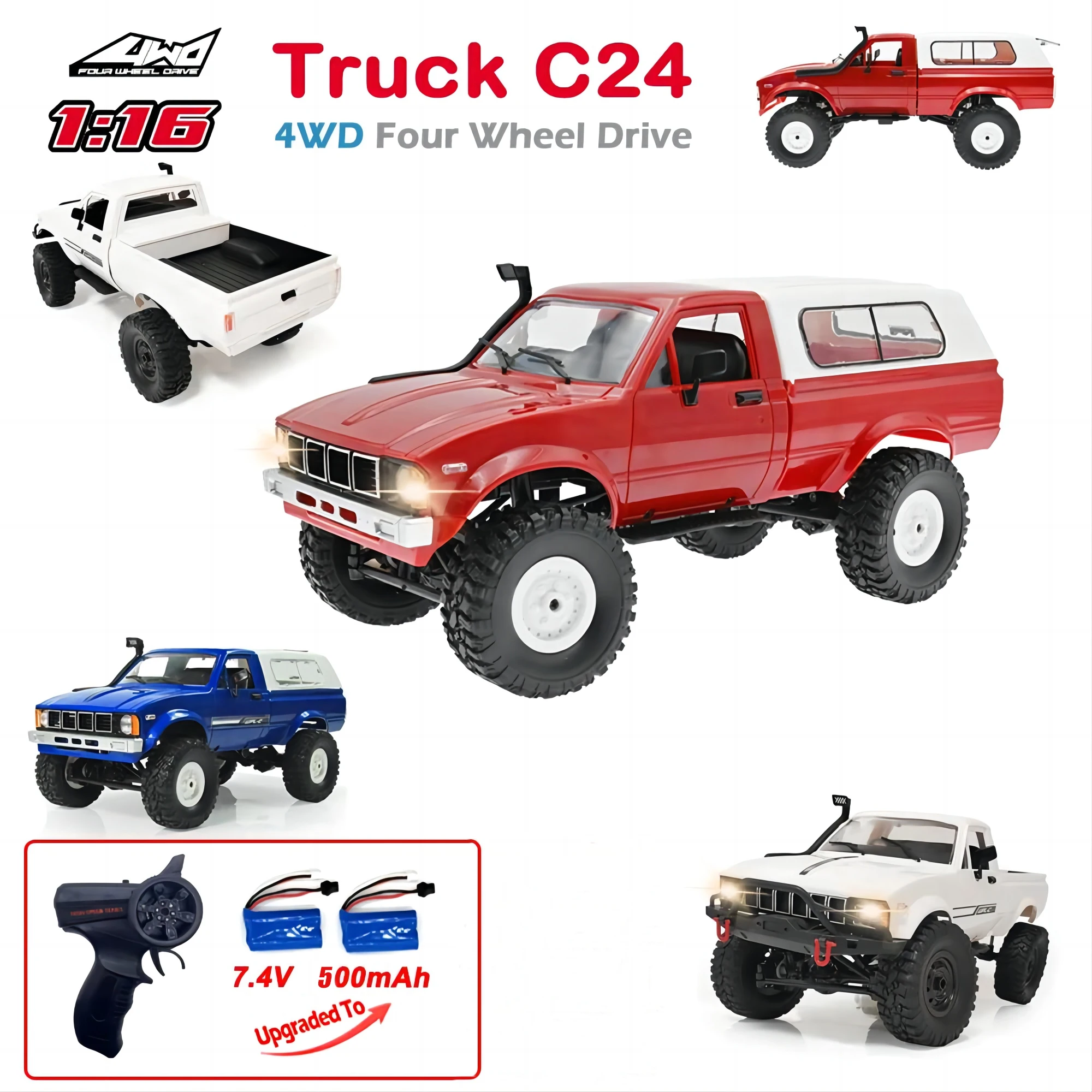 풀 체중계 Wpl C24-1 RC카 1:16, 2.4g 4wd 락 크롤러, 전기 버기 클라이밍 트럭, LED 라이트 온 로드 1/16, 어린이 장난감 선물