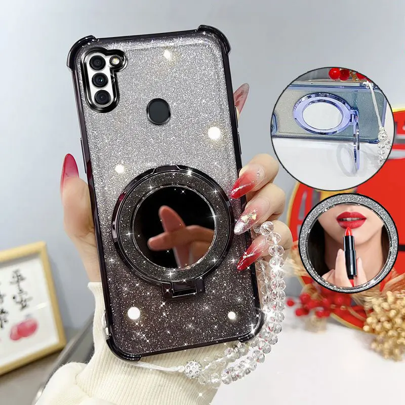 Glitter Shockproof Phone Case with Mirror Stand & Beaded Strap