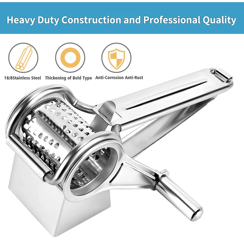 3 In 1 Rotary Cheese Grater, Stainless Steel Handheld Parmesan Cheese  Grater Shredder Slicer with 3 Interchanging Blades
