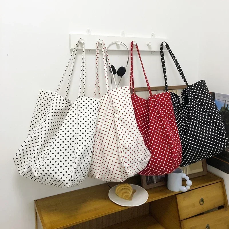 Large Capacity Retro Dots Canvas Commute Shoulder Bags Cute Lazy Style Casual Fashion Tote Bags for Women 2025 Spring Hot Sale