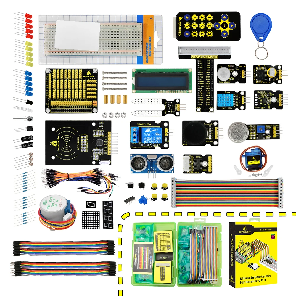 

keyestudio Ultimate Starter Kit for Raspberry Pi 4B GPIO-PCF8591 Shield ,1602 LCD ,ADXL345,HC-SR04,DS3231 Clock Module