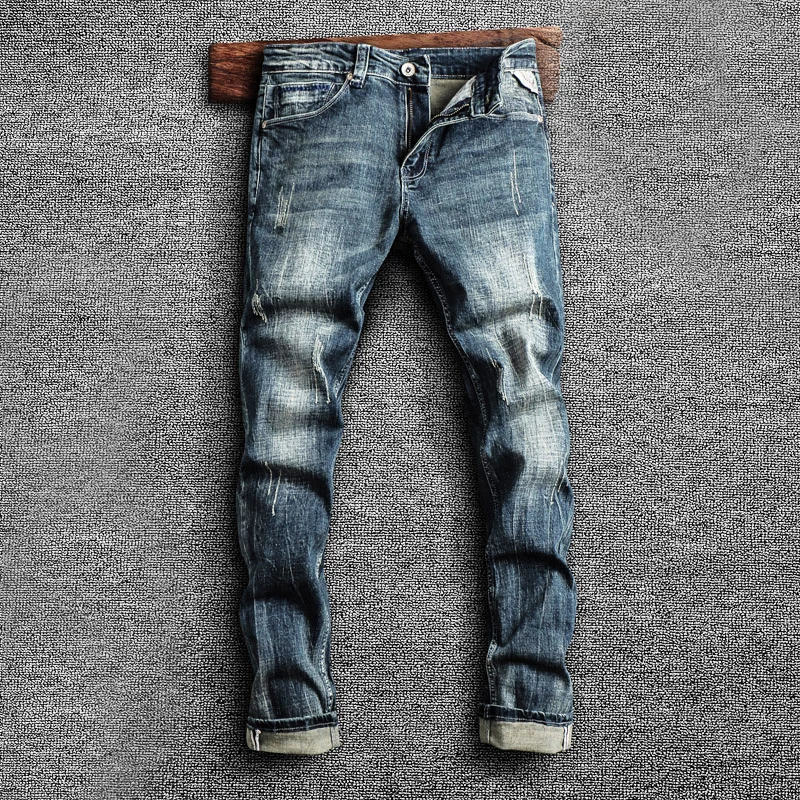 Italian Style Fashion Men Jeans Retro Blue Elastic Slim Fit Ripped Jeans Men Trousers Vintage Designer Casual Denim Pants Hombre 3