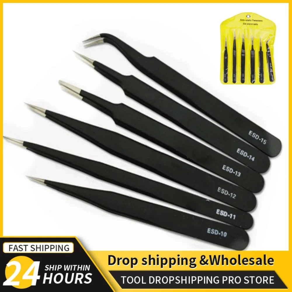 Precision Tweezers Set ESD Anti-Static Stainless Steel Tweezers Repair Tools Electronics Repair Soldering Craft Tools 2/6pcs precision tweezers tweezer tool esd anti static tweezers soldering tweezers phone repair tweezers