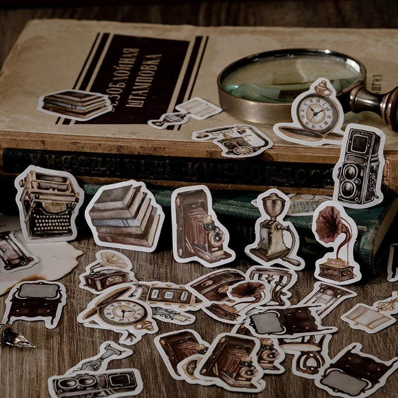 

46Pieces Retro Mini Boxed Stickers Furniture desk chair clock Rococo scenery Scrapbooking Label hand Beautiful decoration 4CM
