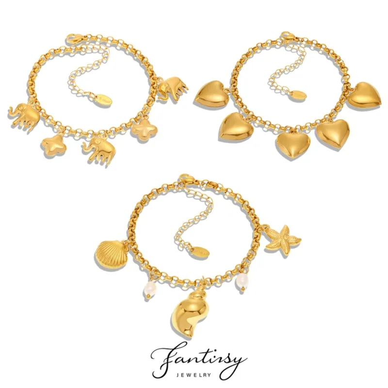 316 Edelstahl Herz-Armband Damenmode Muschel-Elefanten-Anhänger 18K Vergoldetes Handarmband Verblasst Nicht Schmuck