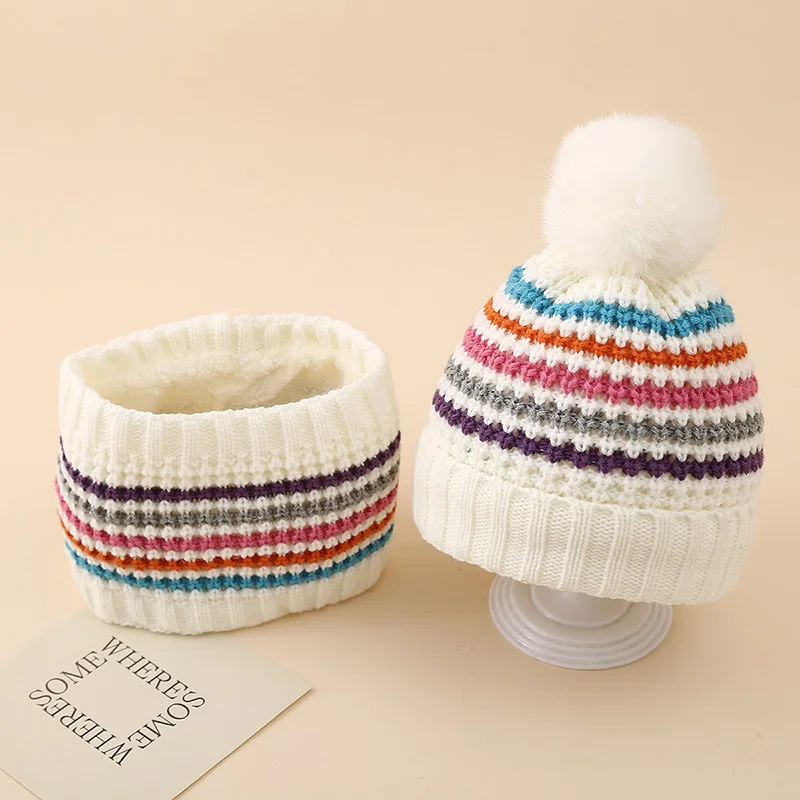 New Autumn Winter Children Hat Scarf Set Kids Wool knitted Hat Collar For Boys Girls Velvet Colored Striped Woolen Cap