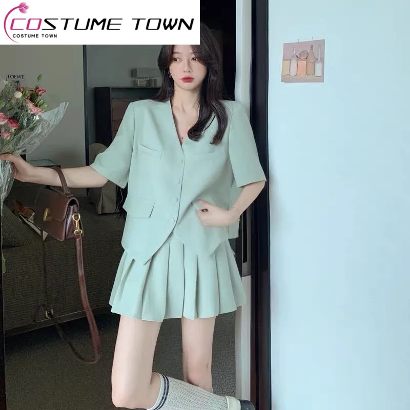 

Single/Set Fashion Short Sleeve Suit Set Women's Summer Korean Edition Reduced Age Small Figure Pleated Skirt Two Piece Set