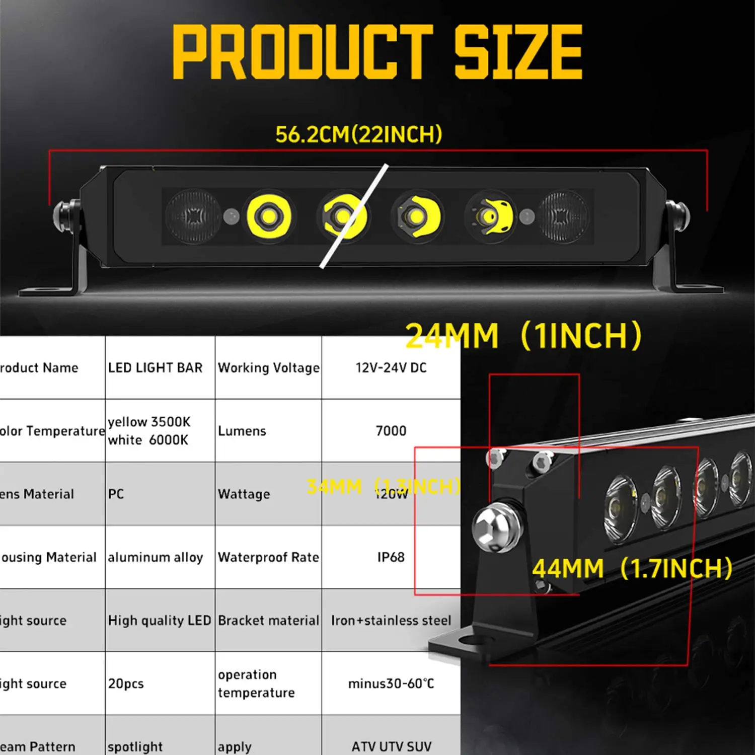YBYZ 22인치 LED 작업등 바 120W 싱글 로우 오프로드 라이트 스팟 플러드 콤보 드라이빙 슬림 LED 작업등 (ATV, UTV, SUV용)