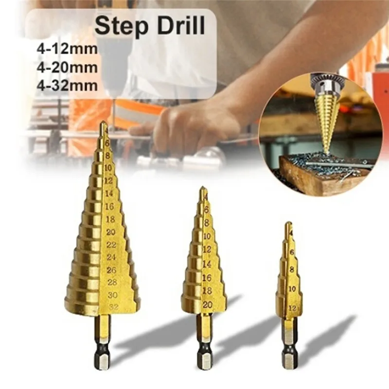 

Metal Drill 4-12/20/32mm Step Drill Bit Spiral Flute HSS Steel Cone Titanium Coated Mini Drill Bit Tool Set Hole Cutter