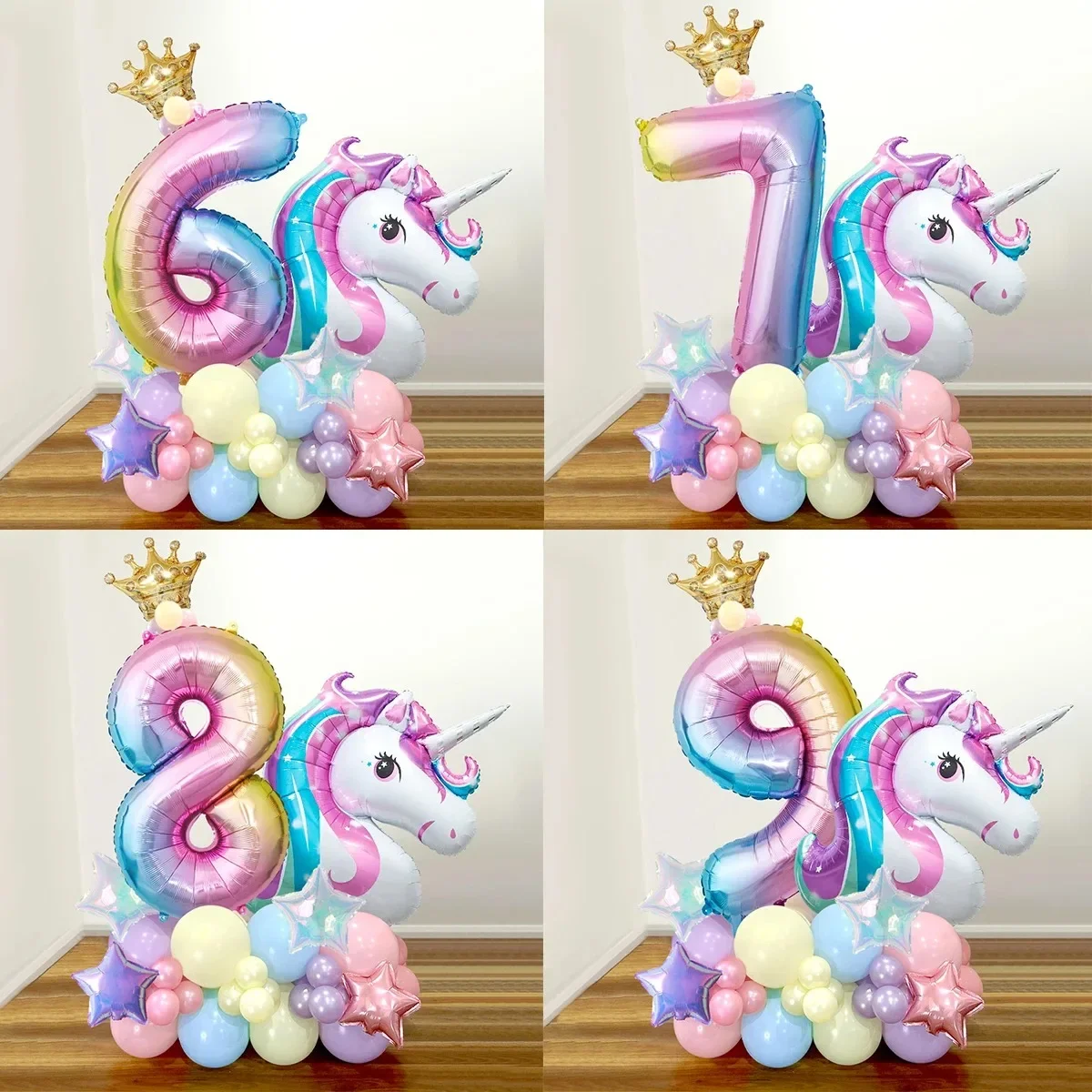 42 Einhorn-Regenbogen Größe 0-9 Mini-Kronen-Aluminiumballon-Set für Einhorn-Themen-Geburtstagsfeier-Dekoration