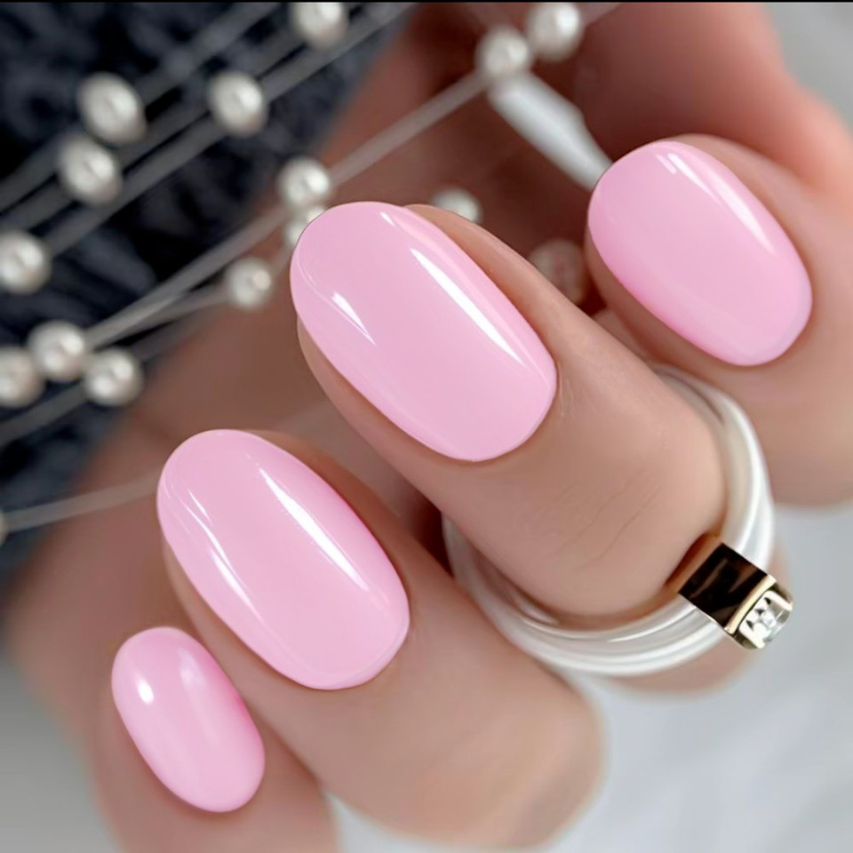 Shiny Pink Press On False Nail Paste For Girls Gluing Women Short Fake Nail Tips Natural Artificial Finger Manicure Tool