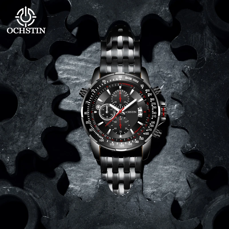 OCHSTIN Originale Series New Launch Steel Strap Multi-function Quartz Movement Watch Black Silver Men's Watch