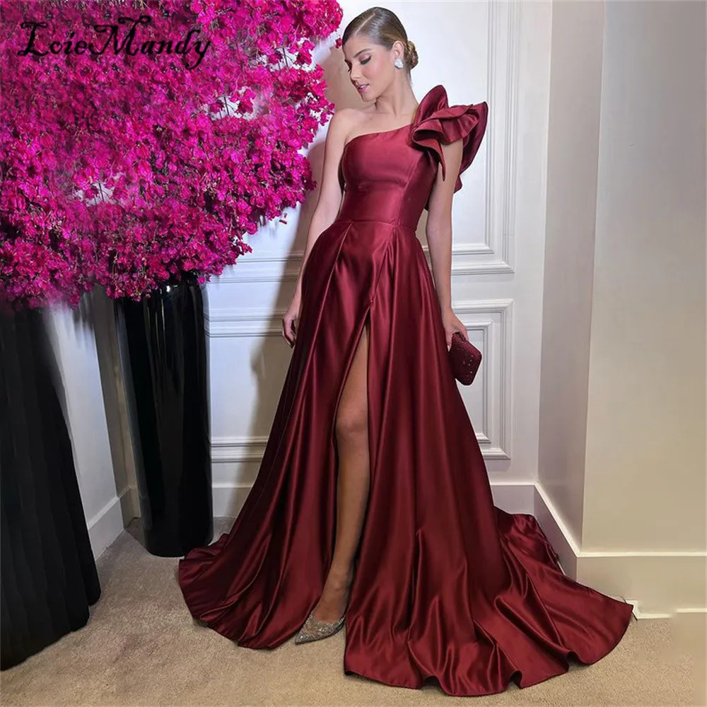 

Burgundy One Shoulder Prom Dresses Long High Slit Saudi Arabia Evening Party Gowns For Women The Middle East Vestidos de noche