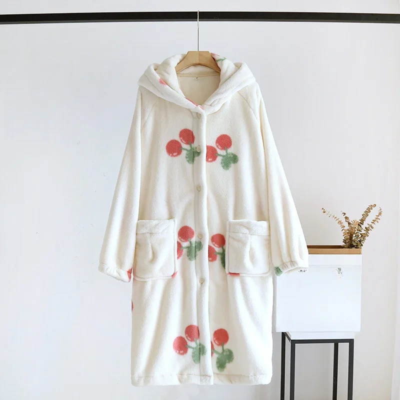 

QSROCIO Women's Fannel Pajamas Robe Soft Cute Sweet Girl Pocket Soft Warm Hooded Cardigan Bathrobe Sleepwear Fashion Nightgown