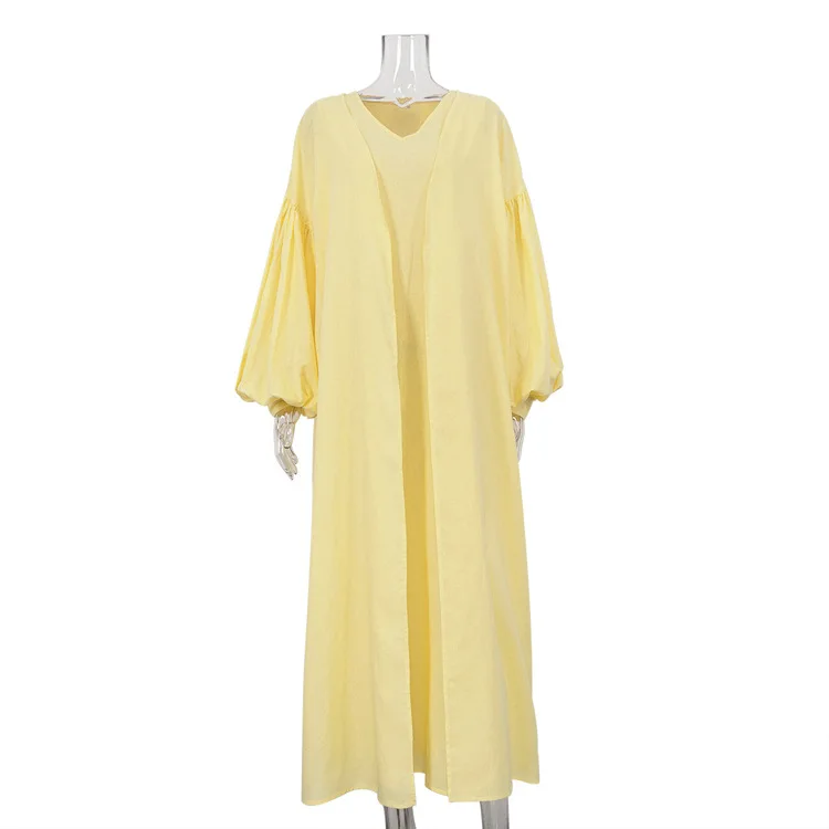 Loose 2 Piece-Set Long Dress Cover up Clothes For Women Casual V-Neck Solid High Waist Beach Holiday Maxi Dress Outfits