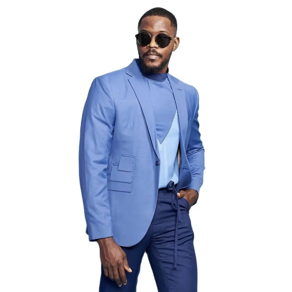 

Men Suits Jacket Slim 2 Piece Outfit/Multiple Pockets Unique Design Blue Blazer Navy Blue Pants Casual Daily Men's Clothes Set