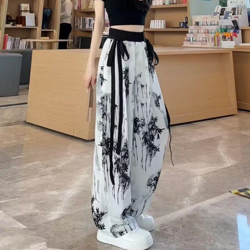 여성용 얇은 캐주얼 아이스 실크 쉬폰 와이드 레그 팬츠, 스트랩 드롭 스트레이트 튜브 플로어 팬츠, 한국 스타일, 2024 여름 신상