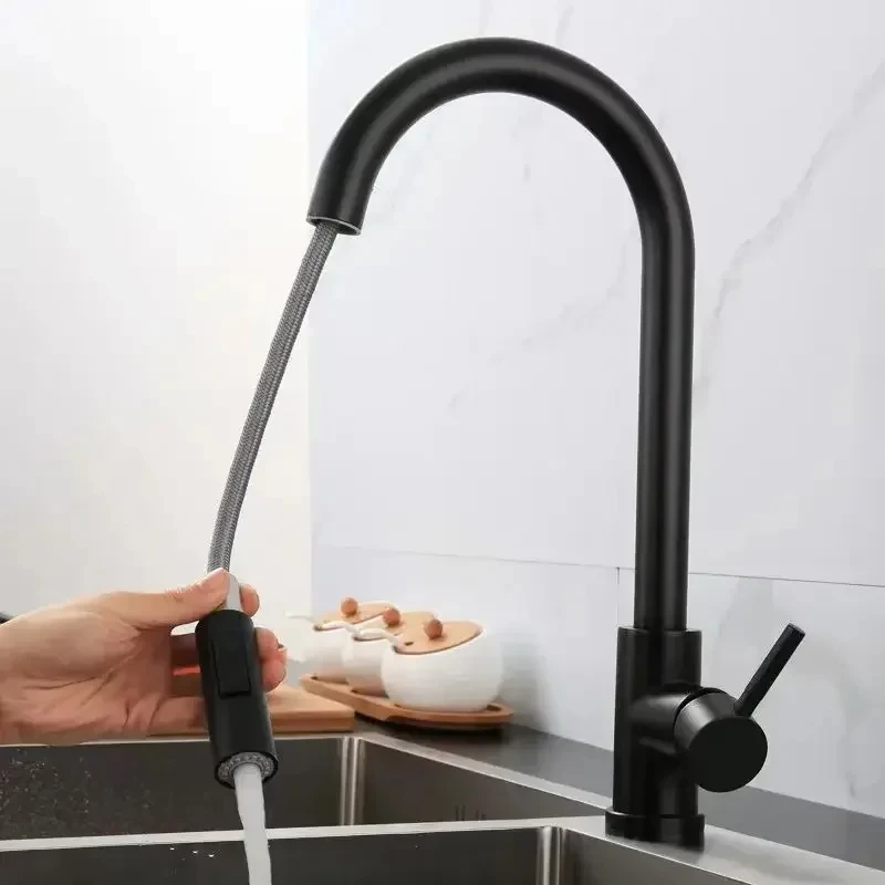 YXS Kitchen Faucet Single Hole Pull Out Spout Kitchen Sink Mixer Tap Stream Sprayer Head Chrome/Black Mixer Tap