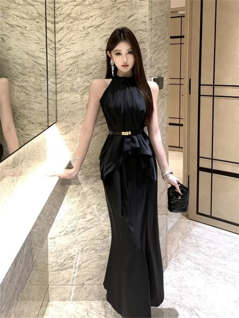 Elegant And Sophisticated Beauty Top Satin Sleeveless Set Summer Slim Fit High Waist Fish Tail Half Skirt Half Skirt