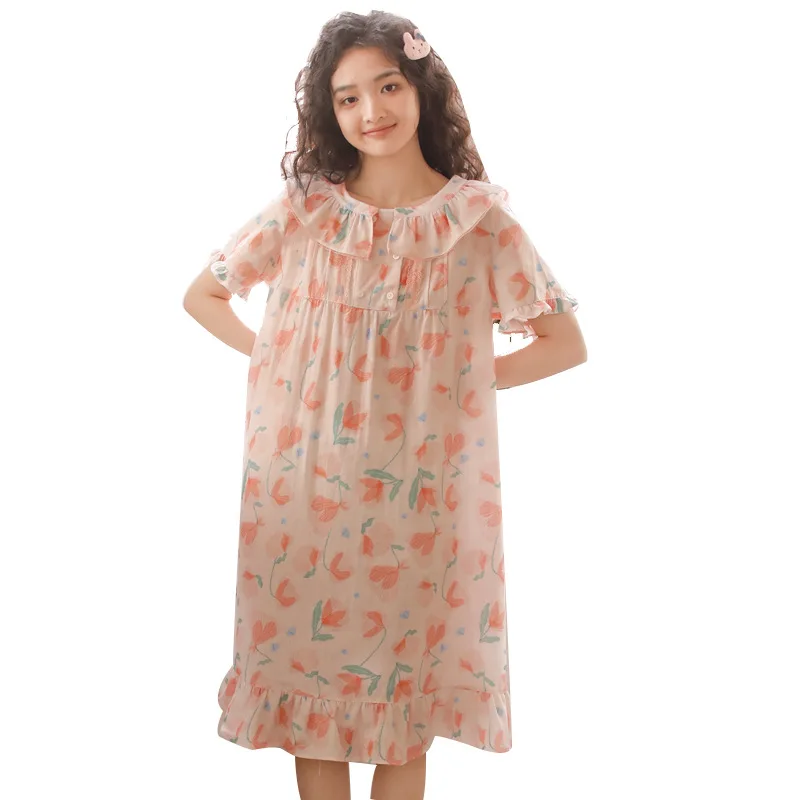 Short Sleeve Nightgown Women Sleepdress Cotton Double Layer Gauze Floral Print Summer Nightdress Ruffles Long Dress Outerwear