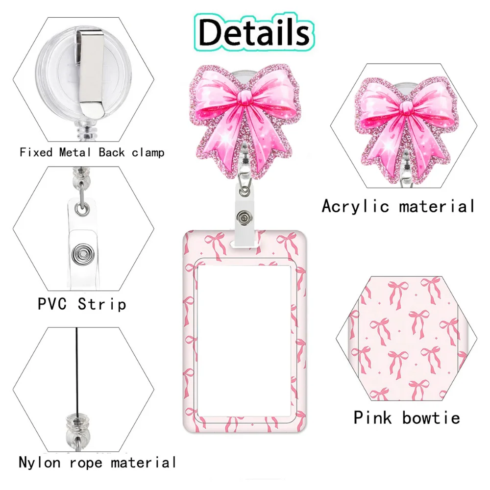 New Acrylic Pink Bow Badge Holder With Card Cover Retractable Work Card Holder Expansion Buckle Easy Pull Work Card Cover