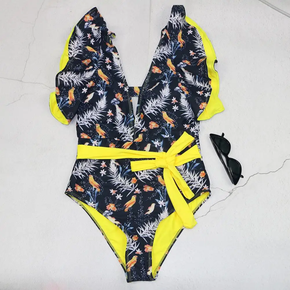 

Comfortable One-piece Swimsuit Stylish V-neck Ruffle Sleeve One-piece Swimsuit for Women Lace-up Monokini Beachwear