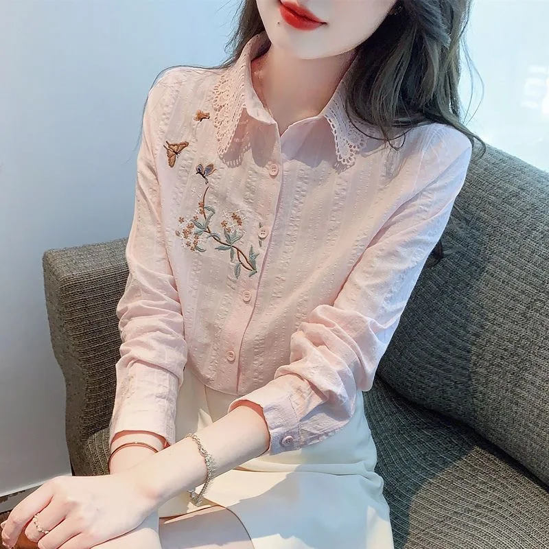 자수 여성 봄 가을 블라우스 셔츠 레이디 캐주얼 긴 소매 턴 다운 칼라 솔리드 컬러 블라우스 탑 DF4775