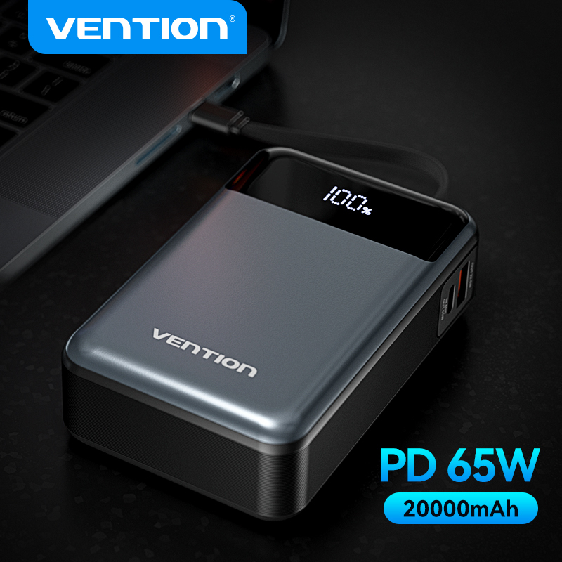 Vention 20000mAh Portable Power Bank 65W PD Fast Charging with Built-in Type-C Cable for MacBook pro iPhone 16 15 14 13 Pro Max