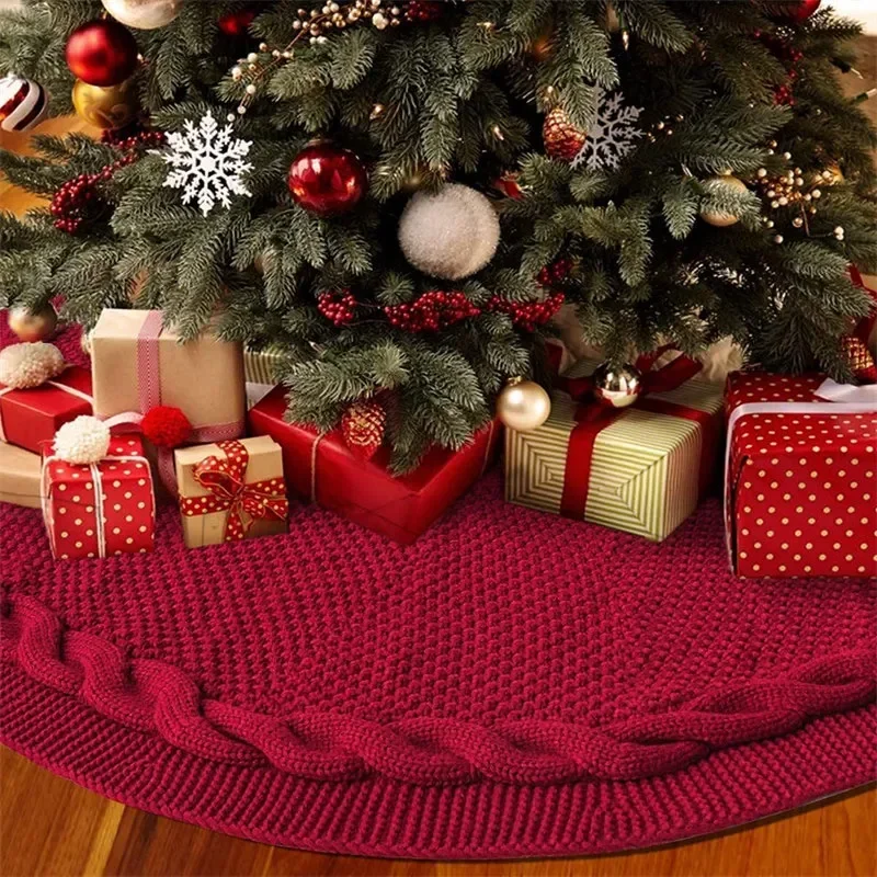 48 Inch Christmas Tree Skirt Knitted Christmas Decoration Supplies Red Knitted Navidad Christmas Tree Apron New Year Decoration