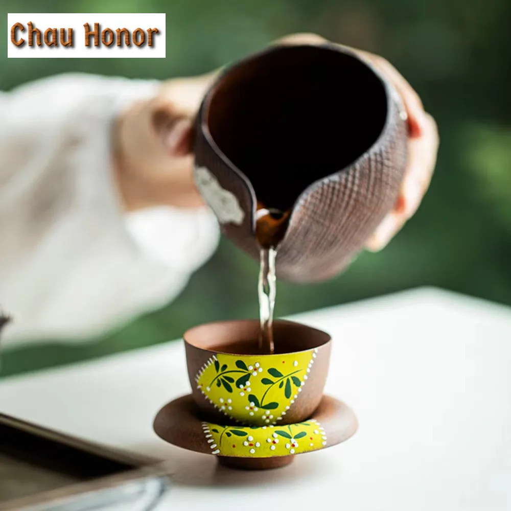 35ml Retro Pure Hand-painted Chrysanthemum Teacup Zen Old Rock Mud Tea Bowl Tea Cup Saucer Set Master Cups Tea Ceremony Craft