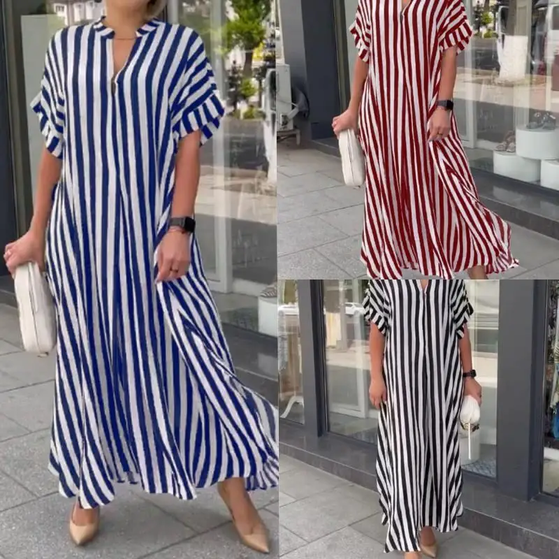 

2023 New Women's Elegant Fashion Side Split Stripe Loose Casual Short Sleeve Dress
