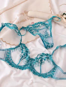 Sexy lace with steel ring ladies bra lingerie set low waisted female underwear set floral thin push up bralette