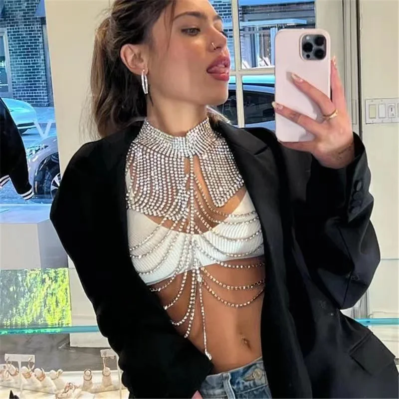 Women's sexy body jewelry luxury shiny Rhinestone shawl Necklace chest chain crystal bra chain tassel bikini chest chain jewelry