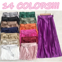 

Satin Skirts Silky Draped Long Pleated Skirt Belt Shiny Elegant Candy Mid-Calf A- Line Skirt Rose Purple Green Spring Summer New