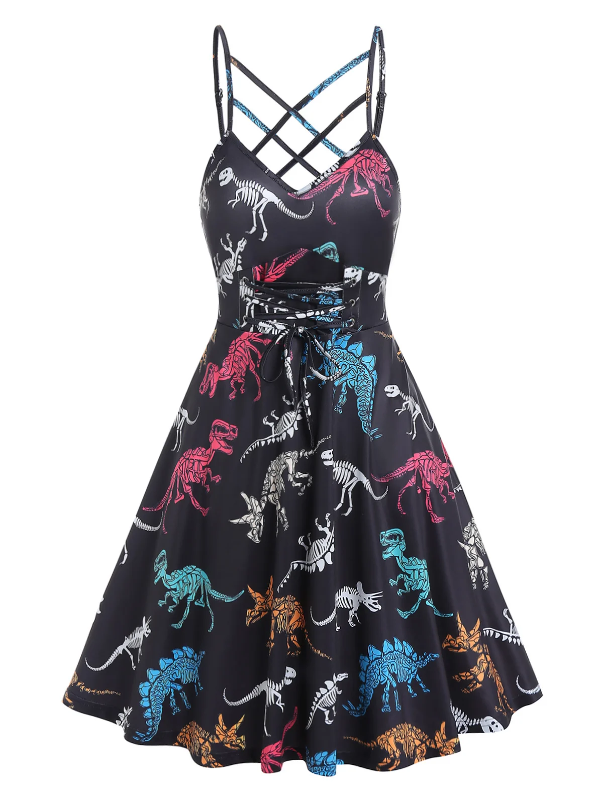 DRESSFO Womens Vintage Round Neck Sleeveless Dinosaur Print A Line Dress 