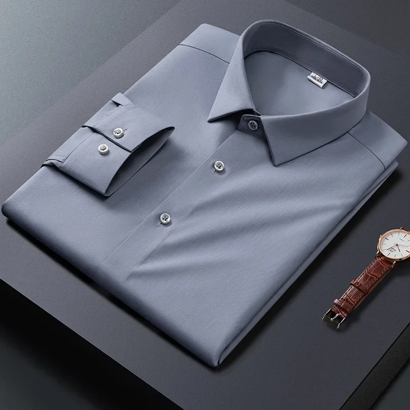 Red festive groom wedding solid color seamless micro-elastic bamboo fiber  business and leisure wear men shirts in four seasons.
