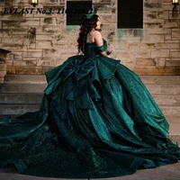 Glitter Dark Green Quinceañera Gown – Applique Bow – EVLAST