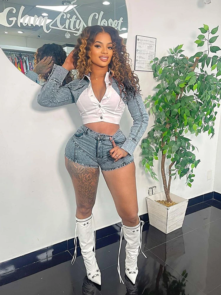 

Джинсовые комплекты, женские сексуальные уличные шорты и блузка, женские эластичные джинсовые шорты, оптовая продажа, Прямая поставка