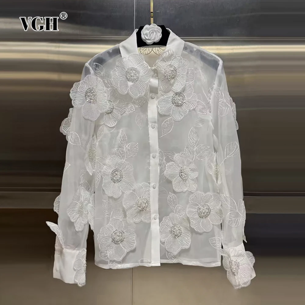 

VGH Casual Spliced Appliques Solid Shirts For Women Lapel Long Sleeve Patchwork Single Breasted Minimalist Blouses Female New